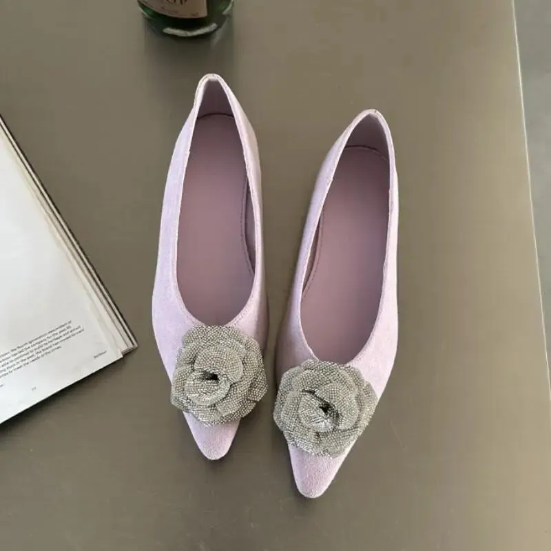 Advbridge  -  Crystal Pointed Toe Women Flat Heel Shoes Fashion Shallow Slip On Ladies Flower Decoration Flats Female Comfort Office Shoes