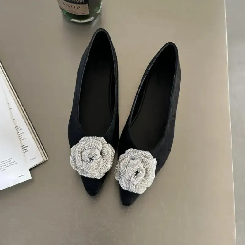 Advbridge  -  Crystal Pointed Toe Women Flat Heel Shoes Fashion Shallow Slip On Ladies Flower Decoration Flats Female Comfort Office Shoes
