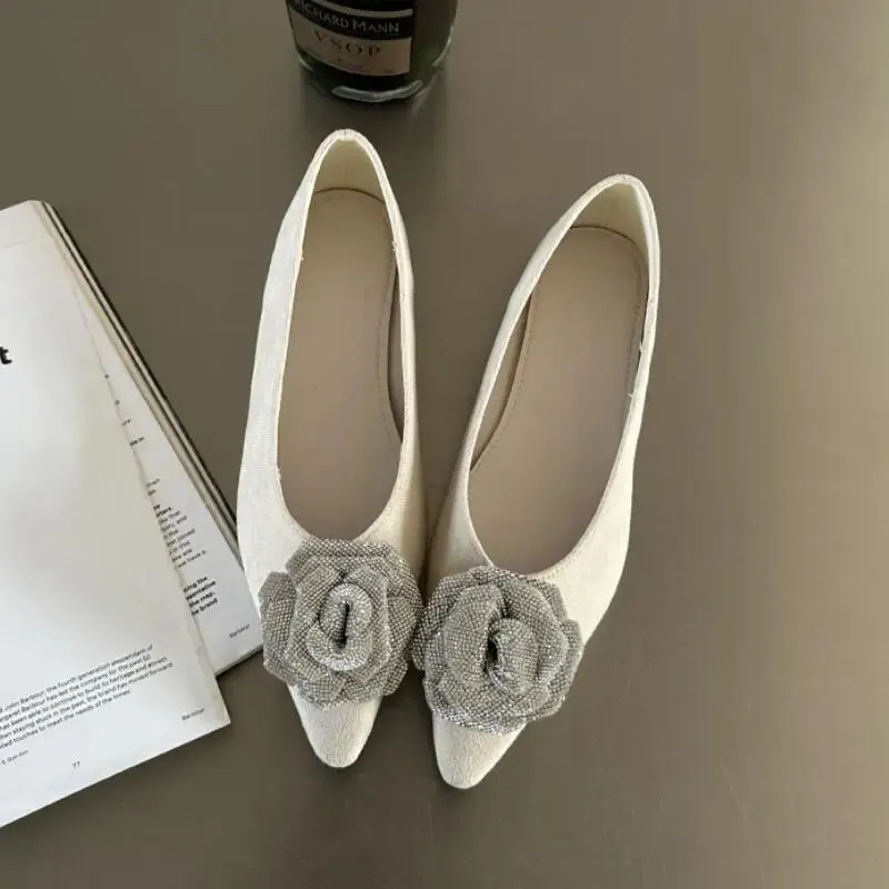 Advbridge  -  Crystal Pointed Toe Women Flat Heel Shoes Fashion Shallow Slip On Ladies Flower Decoration Flats Female Comfort Office Shoes