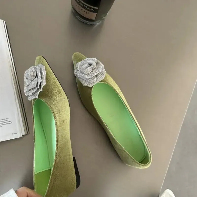 Advbridge  -  Crystal Pointed Toe Women Flat Heel Shoes Fashion Shallow Slip On Ladies Flower Decoration Flats Female Comfort Office Shoes