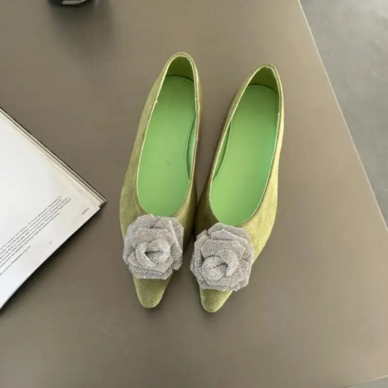 Advbridge  -  Crystal Pointed Toe Women Flat Heel Shoes Fashion Shallow Slip On Ladies Flower Decoration Flats Female Comfort Office Shoes