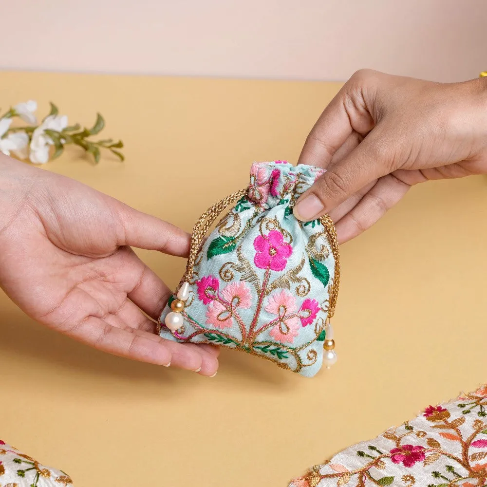 Aiyana Zari Floral Patterned Shagun Potli Bag Set Of 2