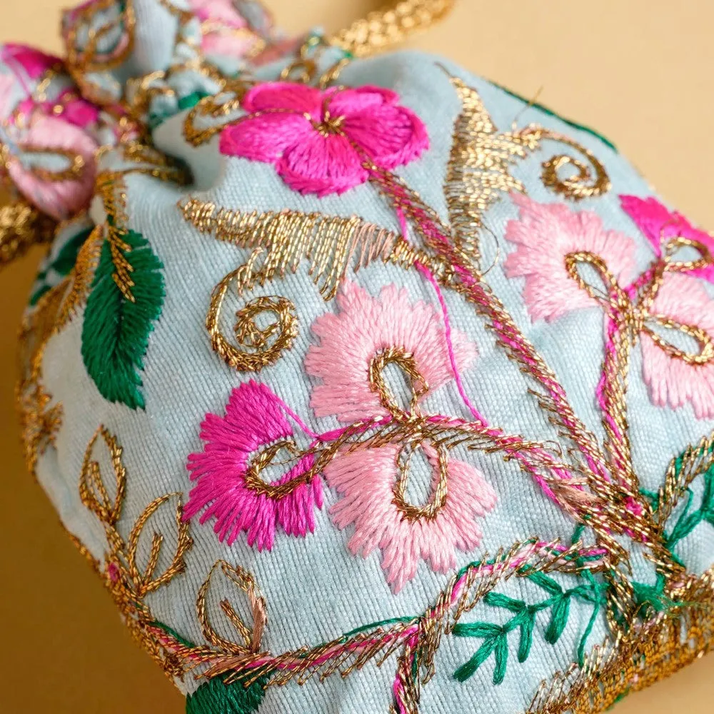 Aiyana Zari Floral Patterned Shagun Potli Bag Set Of 2