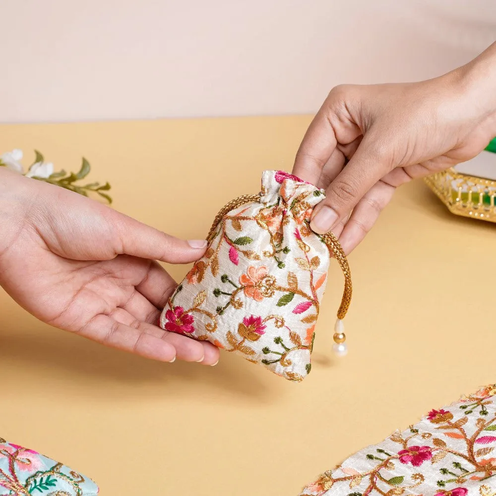 Aiyana Zari Floral Patterned Shagun Potli Bag Set Of 2