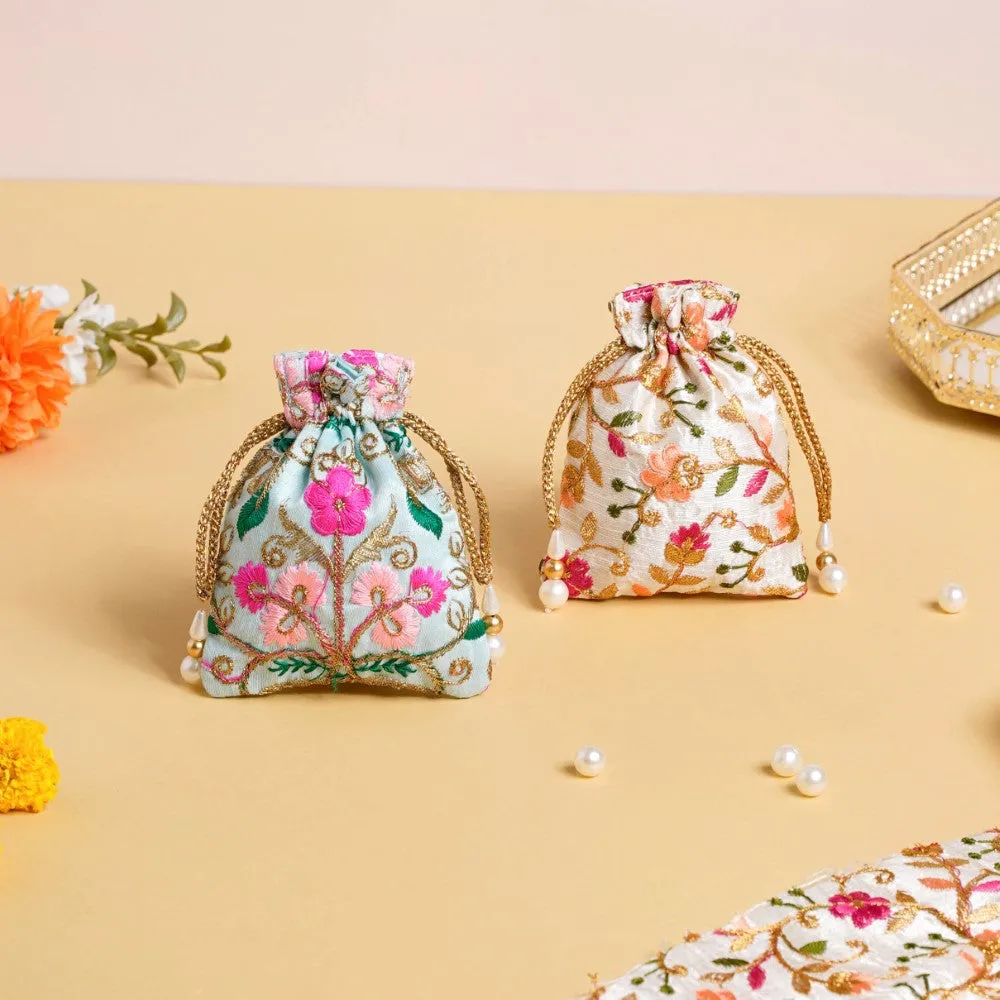 Aiyana Zari Floral Patterned Shagun Potli Bag Set Of 2