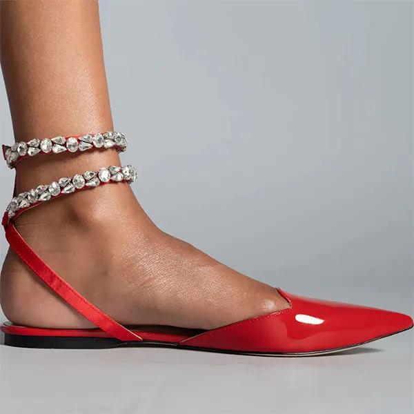 Amozae Patent Leather Pointed Toe Adjustable Ankle Strap Flats