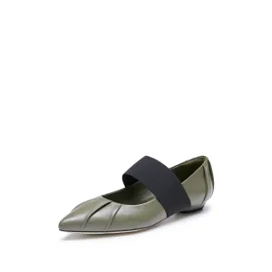 Army Pleated Leather Pointed Ballerina Flats