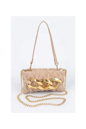 Beige Quilted Big Chain Crossbody Bag
