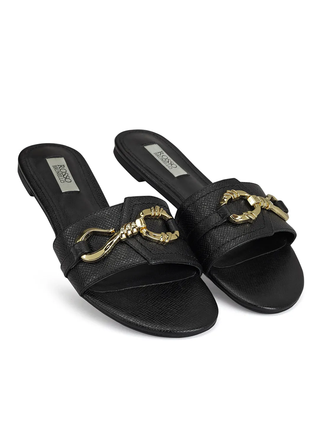 Black Sliders With Gold Embellishment