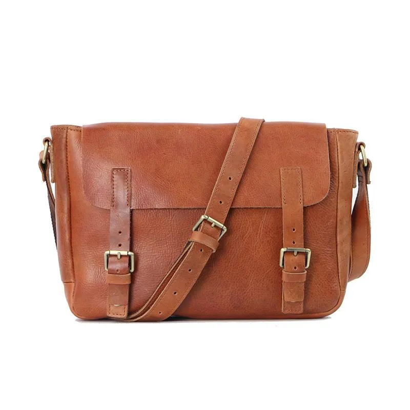 Brown Leather Mens Casual Courier Bags Messenger Bags 10 inches Postman Bag For Men