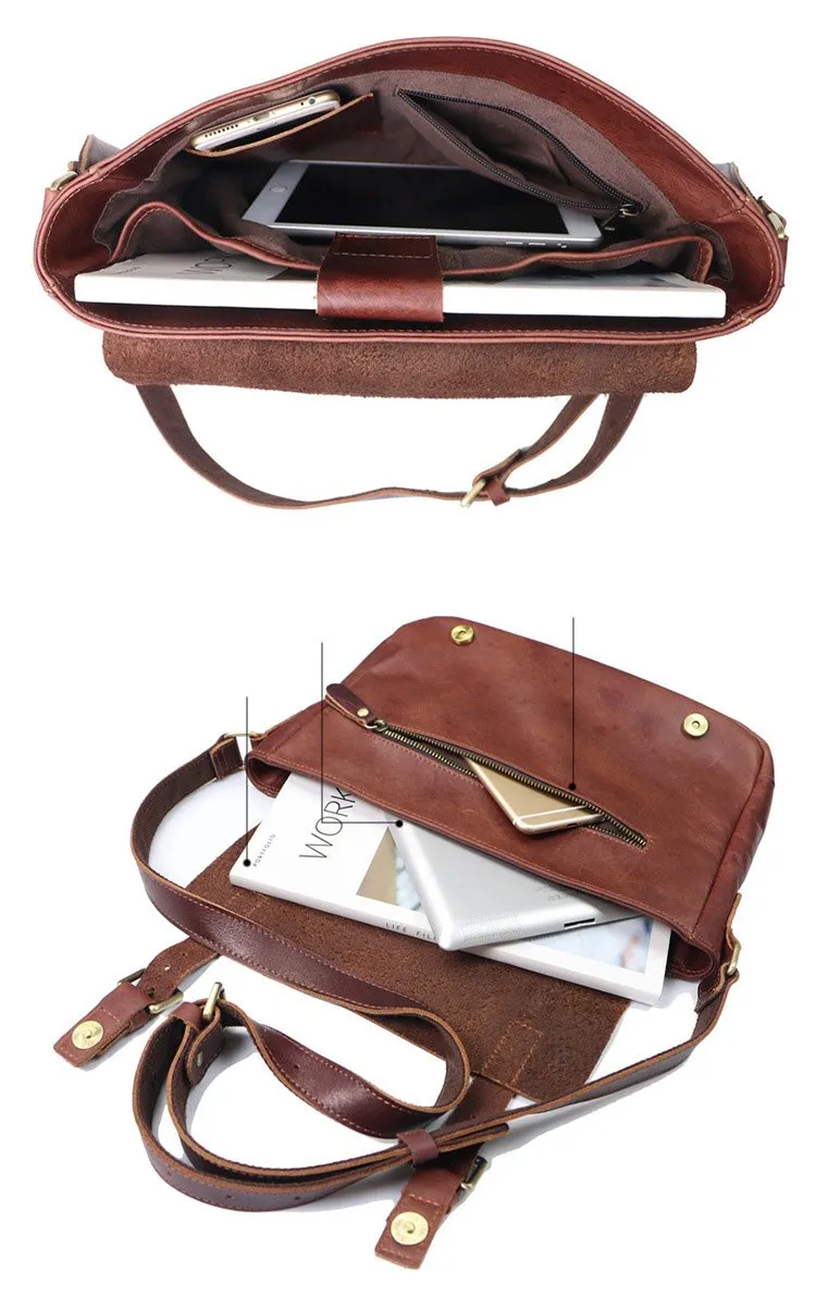 Brown Leather Mens Casual Courier Bags Messenger Bags 10 inches Postman Bag For Men
