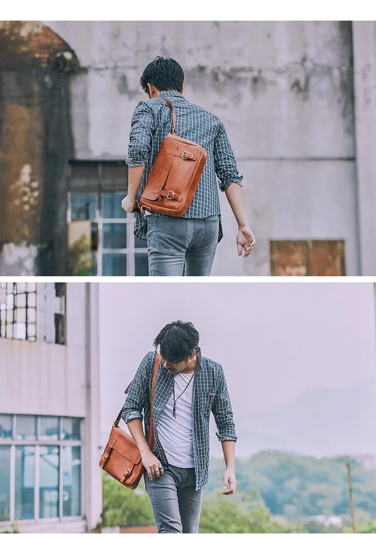 Brown Leather Mens Casual Courier Bags Messenger Bags 10 inches Postman Bag For Men