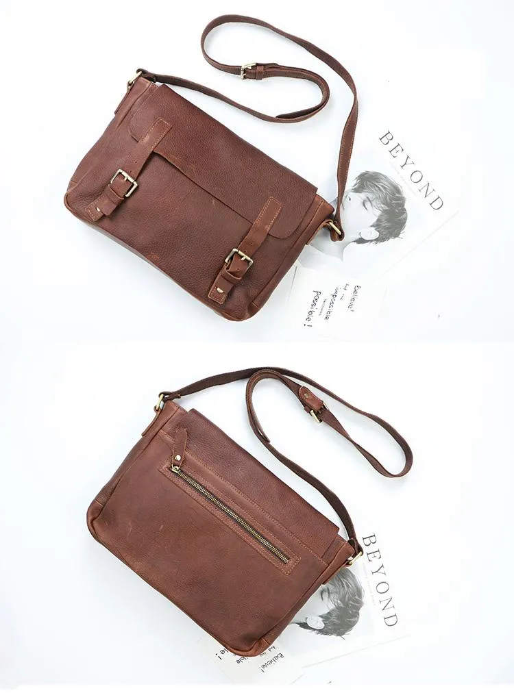 Brown Leather Mens Casual Courier Bags Messenger Bags 10 inches Postman Bag For Men
