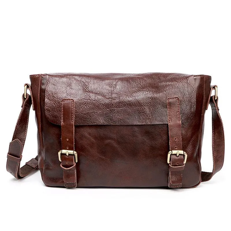 Brown Leather Mens Casual Courier Bags Messenger Bags 10 inches Postman Bag For Men