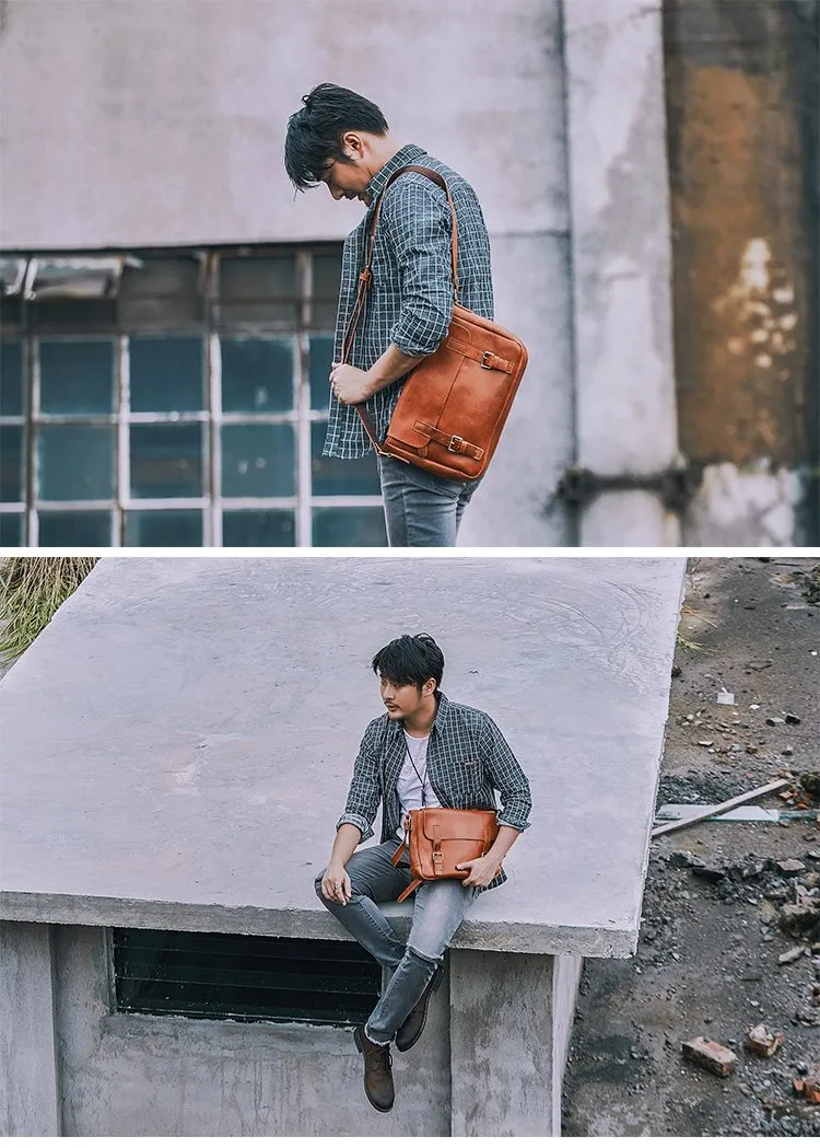 Brown Leather Mens Casual Courier Bags Messenger Bags 10 inches Postman Bag For Men