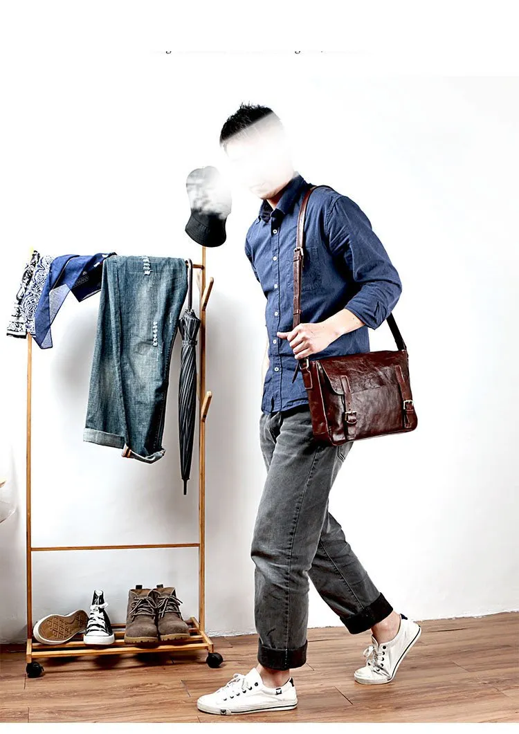 Brown Leather Mens Casual Courier Bags Messenger Bags 10 inches Postman Bag For Men