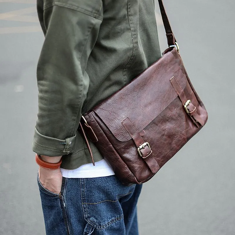 Brown Leather Mens Casual Courier Bags Messenger Bags 10 inches Postman Bag For Men