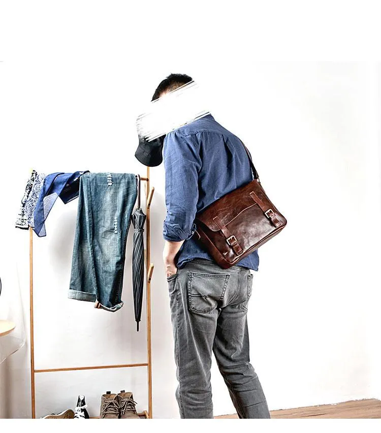 Brown Leather Mens Casual Courier Bags Messenger Bags 10 inches Postman Bag For Men