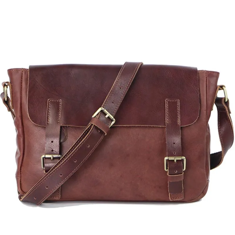 Brown Leather Mens Casual Courier Bags Messenger Bags 10 inches Postman Bag For Men