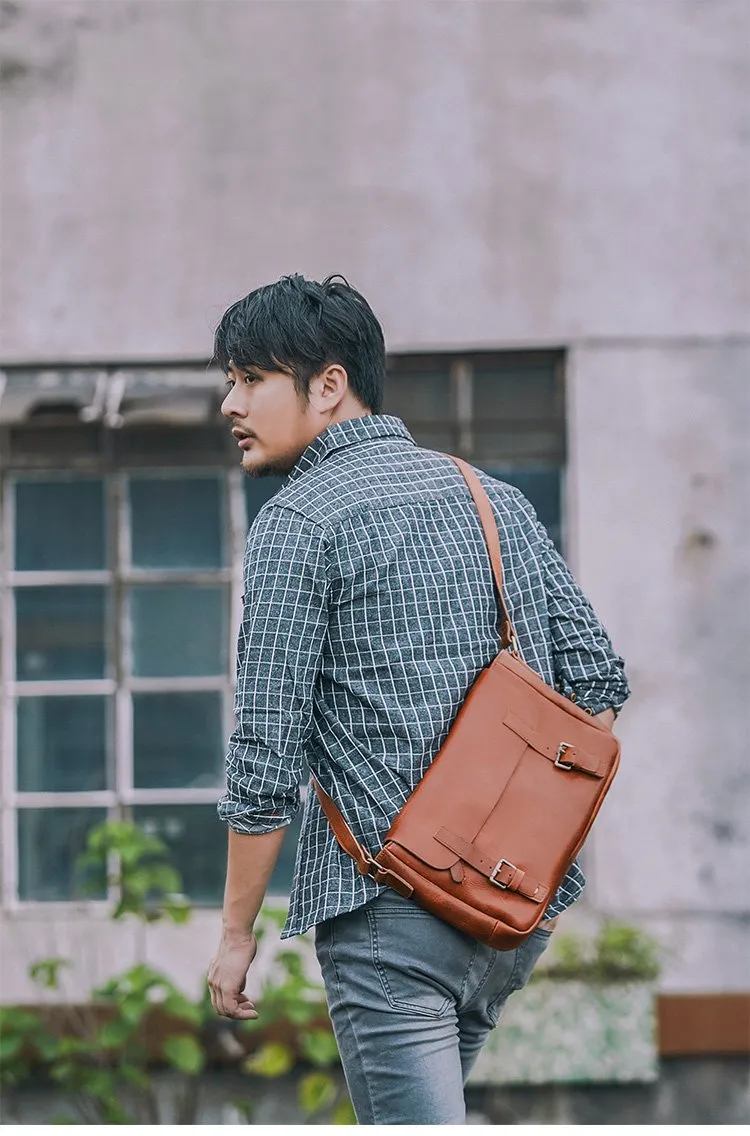 Brown Leather Mens Casual Courier Bags Messenger Bags 10 inches Postman Bag For Men
