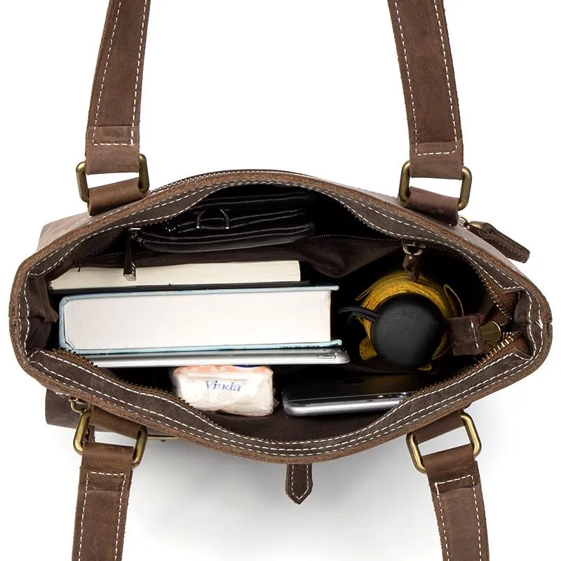 Casual Brown Leather 12 inches Shoulder Briefcase Work Bags Tote Bags for Men