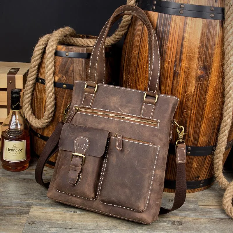 Casual Brown Leather 12 inches Shoulder Briefcase Work Bags Tote Bags for Men