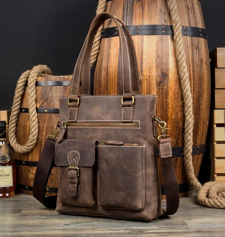 Casual Brown Leather 12 inches Shoulder Briefcase Work Bags Tote Bags for Men