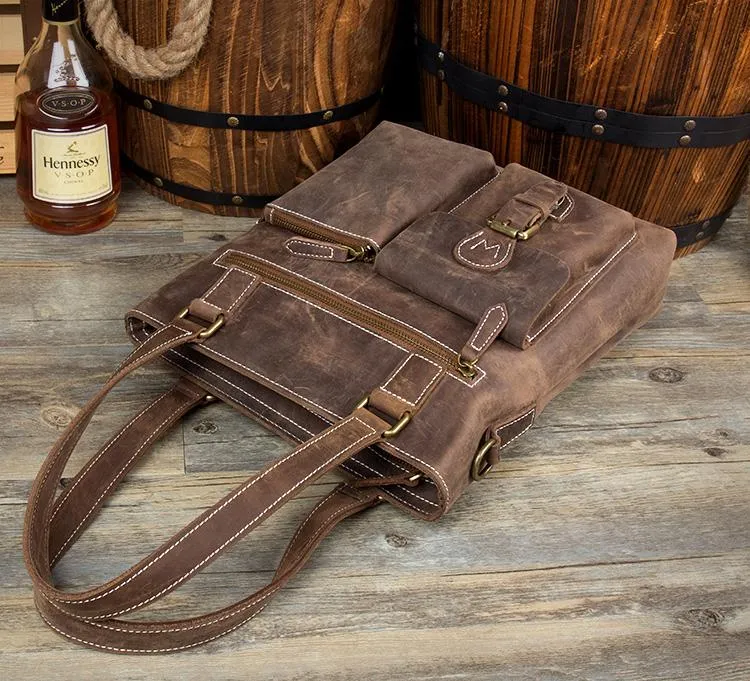 Casual Brown Leather 12 inches Shoulder Briefcase Work Bags Tote Bags for Men