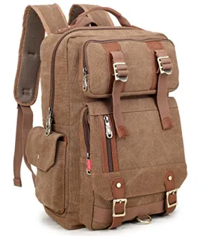 Crest Design Canvas Hiking Travel Daypacks School Laptop Backpack Rucksack 30L (Brown)