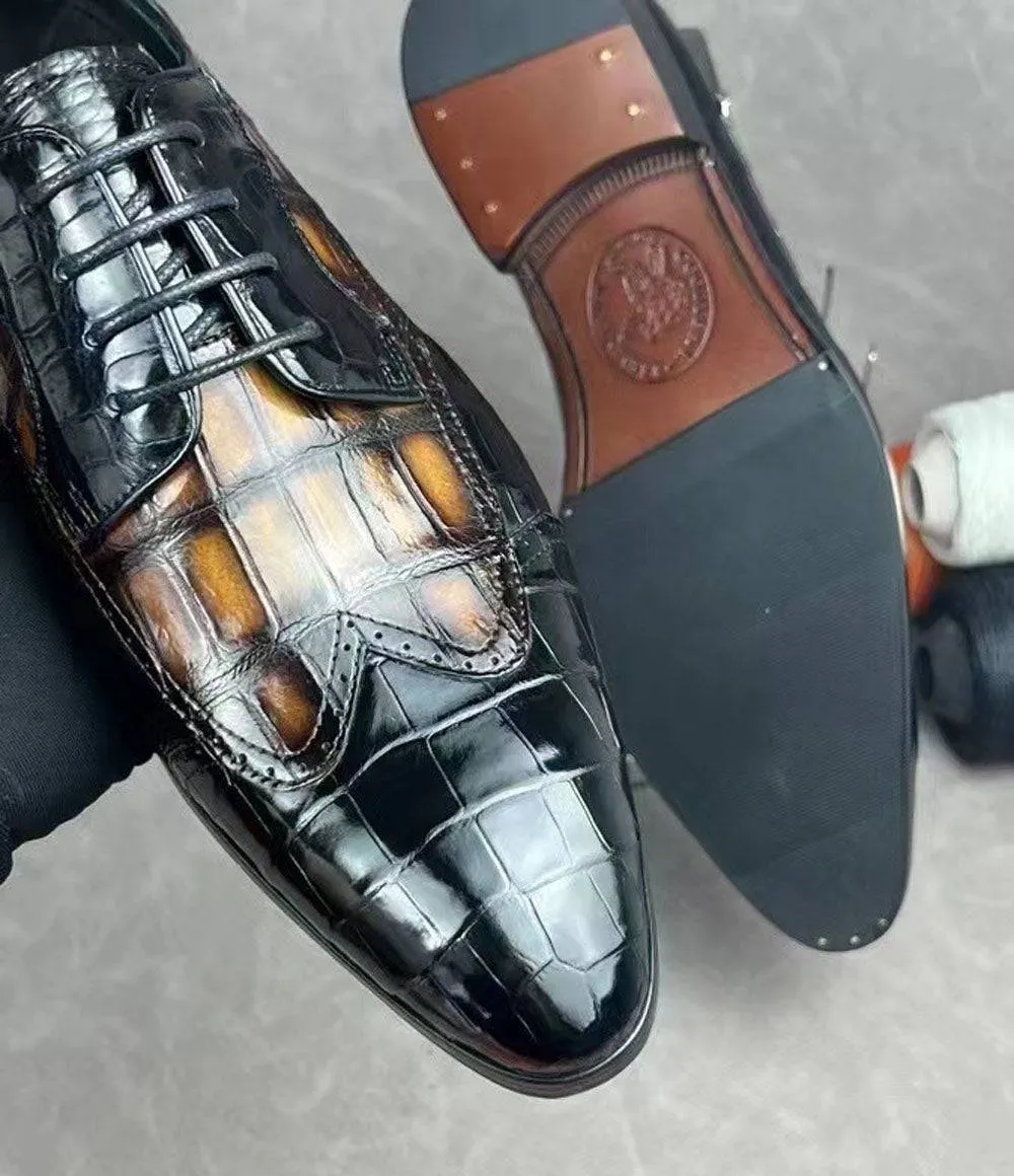 Crocodile Shoes Crocodile Leather Two Tone Shoes,Brogue Formal Shoes,Lace Up Dress Shoes