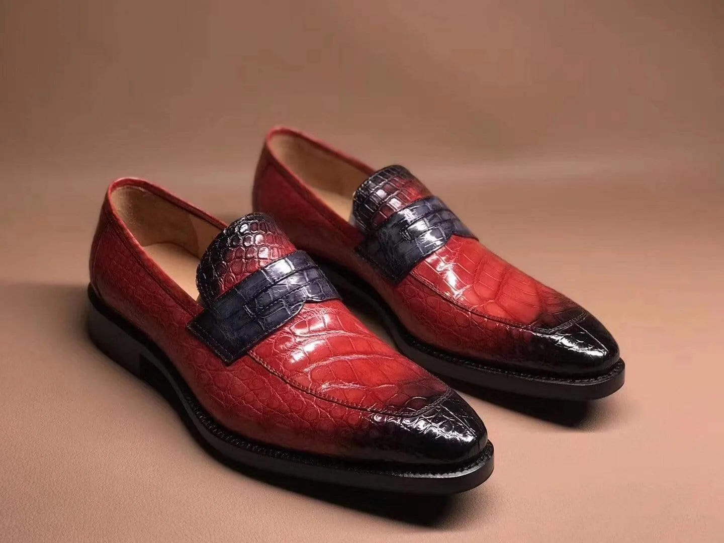 Crocodile Shoes Red Men's Crocodile Leather Loafers,Slip-Ons Diving Shoes, Penny Loafers Shoes