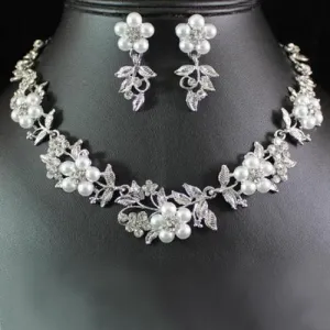Floral Faux Pearl Silver Plated Necklace Earrings Bridal Jewelry Set