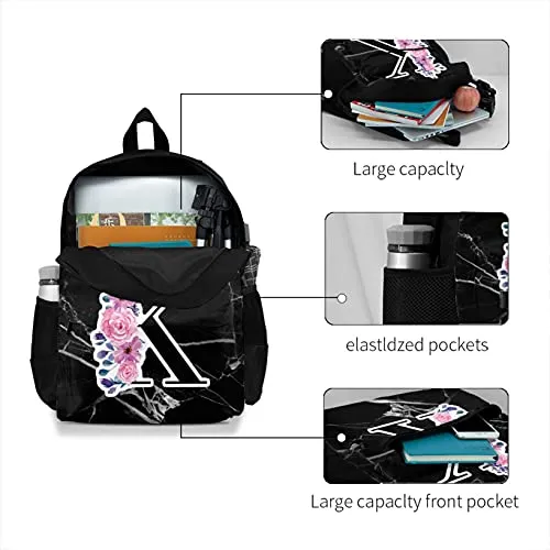 Floral Letter K Backpack for College School Travel, Laptop Backpack Bookbag for Women Men
