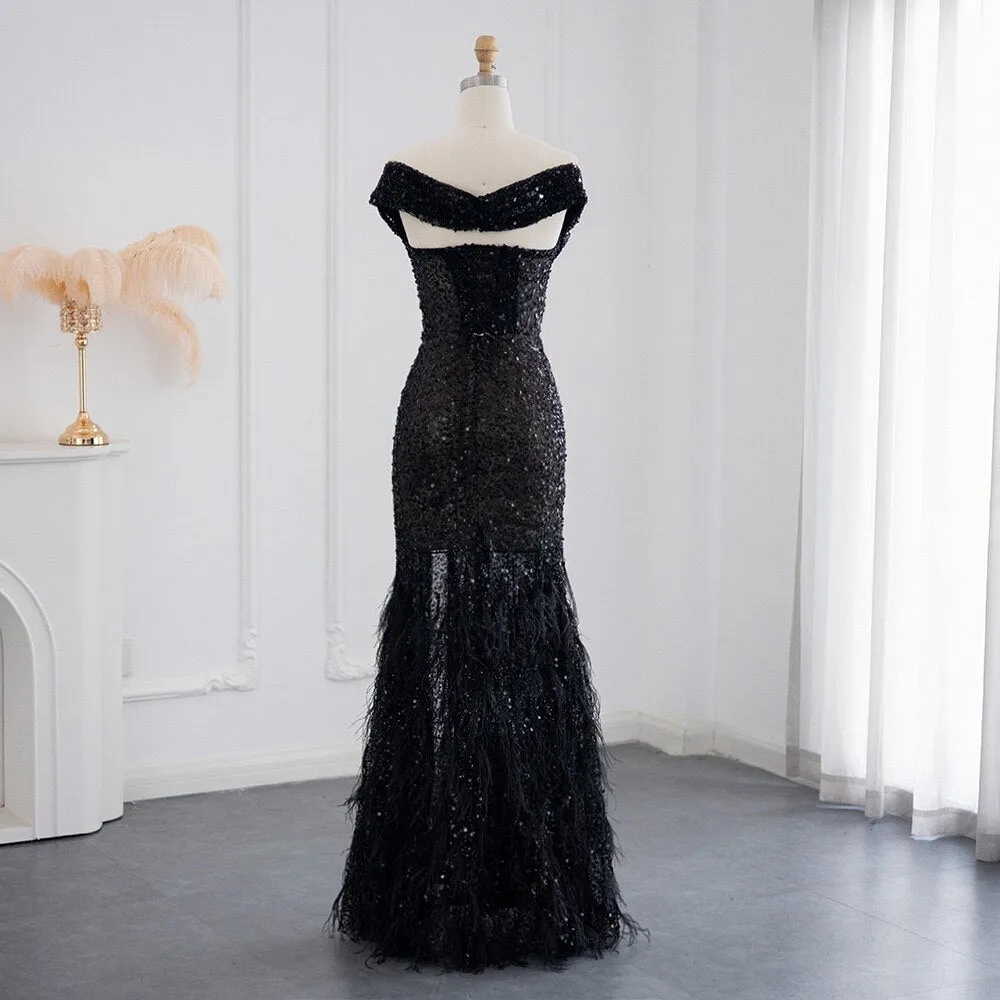 For Sale Black Feathers Off Shoulder Slit Evening Dress SS404
