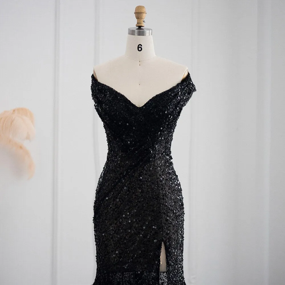For Sale Black Feathers Off Shoulder Slit Evening Dress SS404