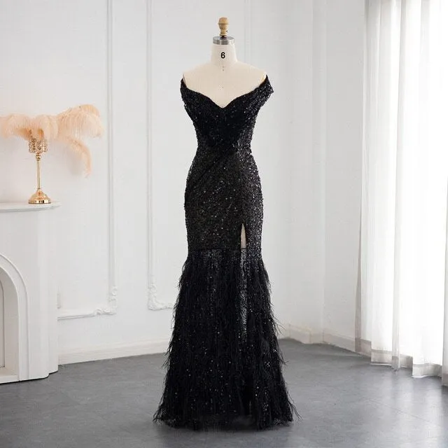 For Sale Black Feathers Off Shoulder Slit Evening Dress SS404