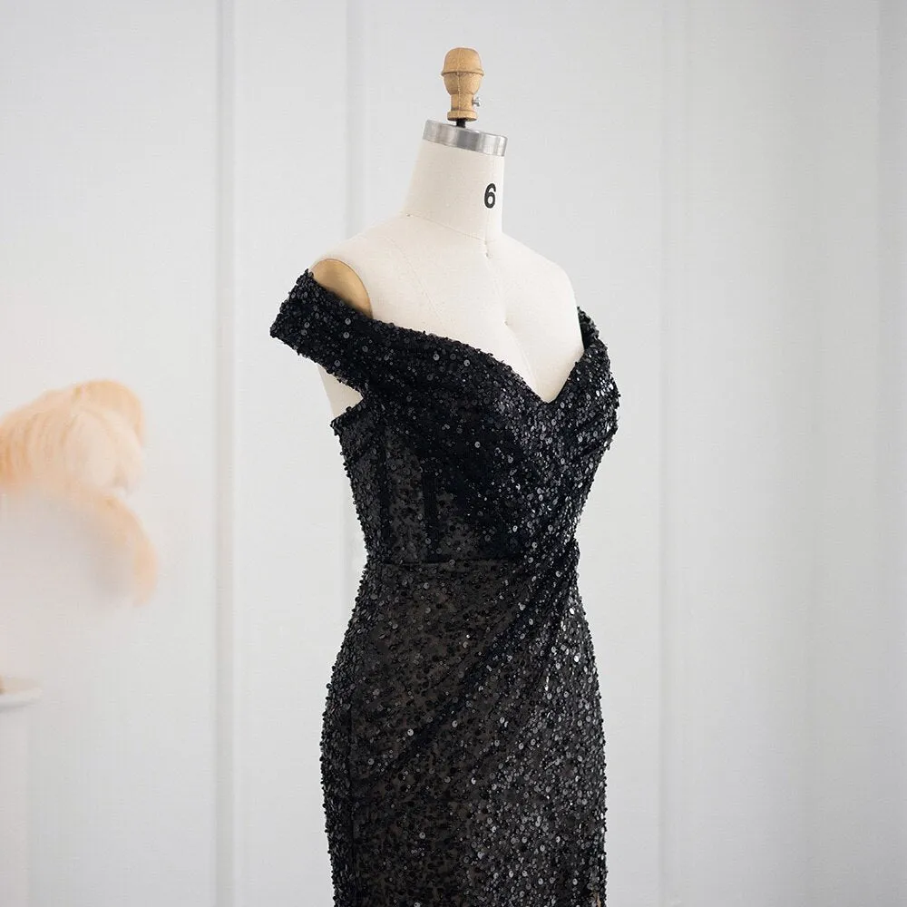 For Sale Black Feathers Off Shoulder Slit Evening Dress SS404