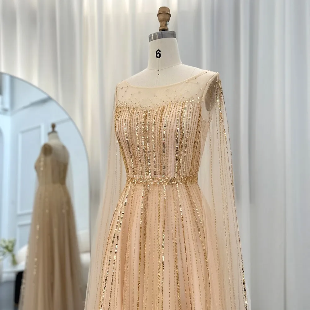 For Sale Elegant Gold Evening Dress with Cape Sleeves SS217