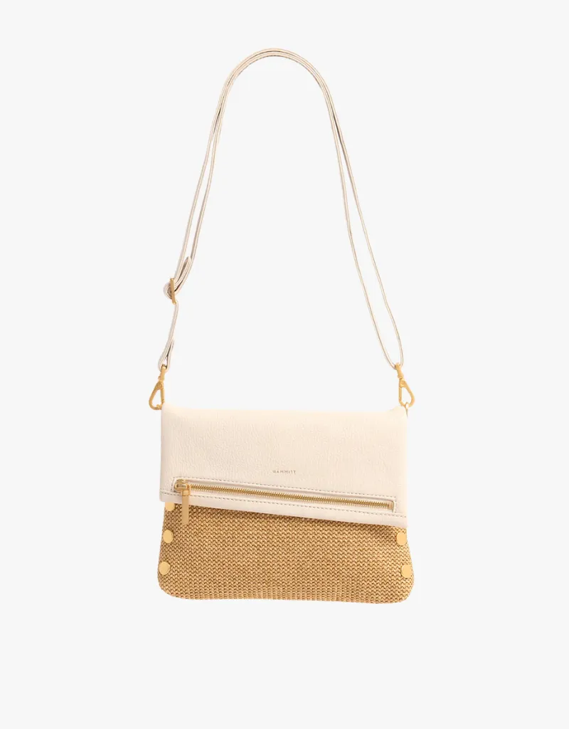 Hammitt VIP Medium Crossbody Clutch in Calla Lily White Raffia & Brushed Gold