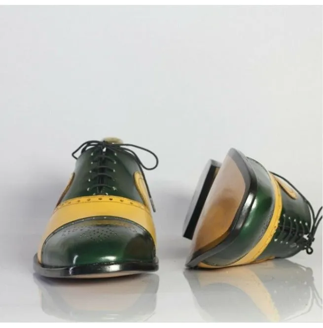 Handmade Men’s Two Tone Lace Up Brogue Business Shoes, Real Leather Shoes