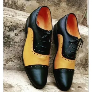 Handmade Men’s Two Tone Lace Up Brogue Business Shoes, Real Leather Shoes