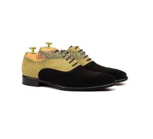 Handmade Two Tone Beige Brown Suede Leather Shoes Wing Tip Suede Formal Shoes