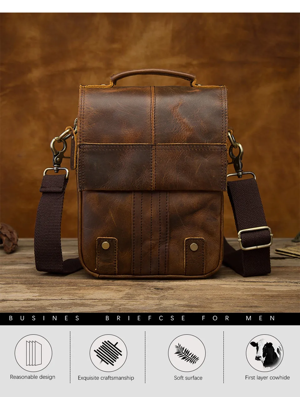 Leather Male Casual Design Shoulder Messenger bag Cowhide Fashion Cross-body