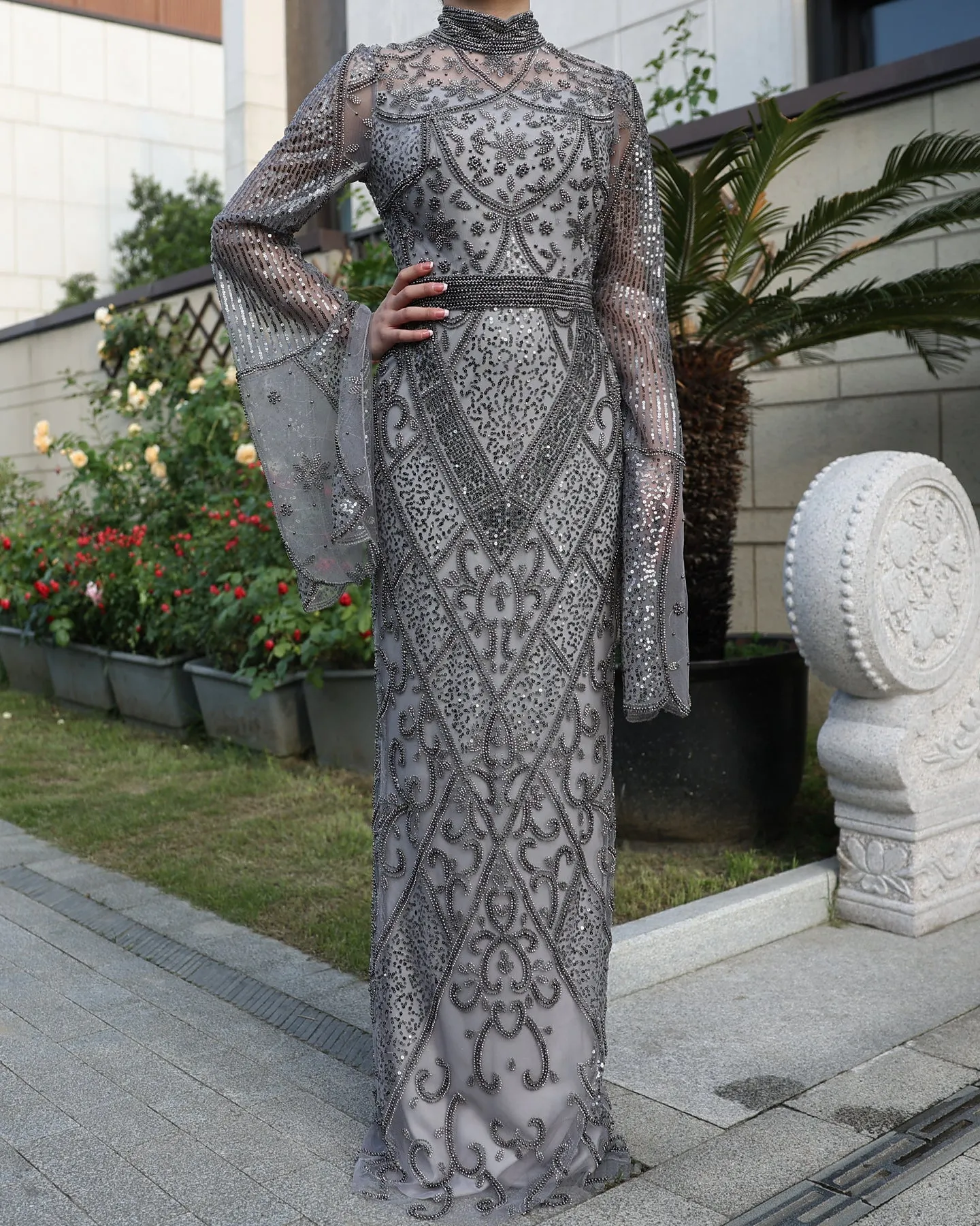 Luxury Beaded Gray Evening Dress with Flare Long Sleeves SS204
