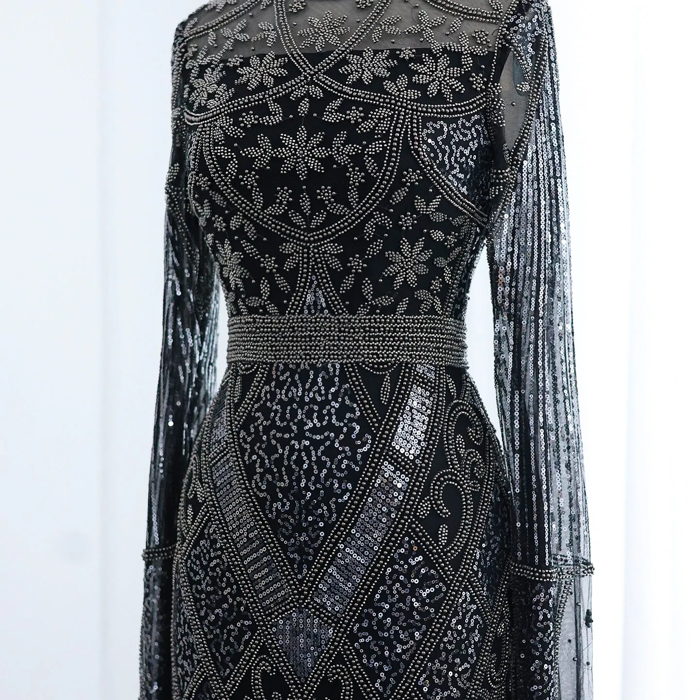 Luxury Beaded Gray Evening Dress with Flare Long Sleeves SS204