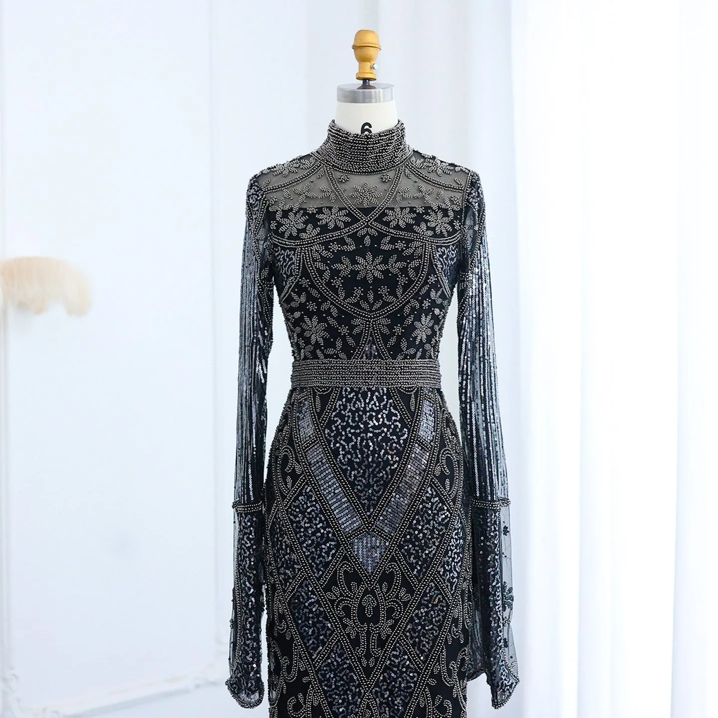 Luxury Beaded Gray Evening Dress with Flare Long Sleeves SS204
