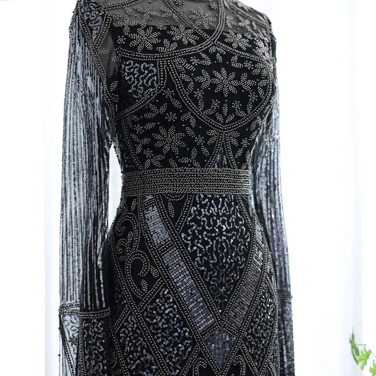 Luxury Beaded Gray Evening Dress with Flare Long Sleeves SS204