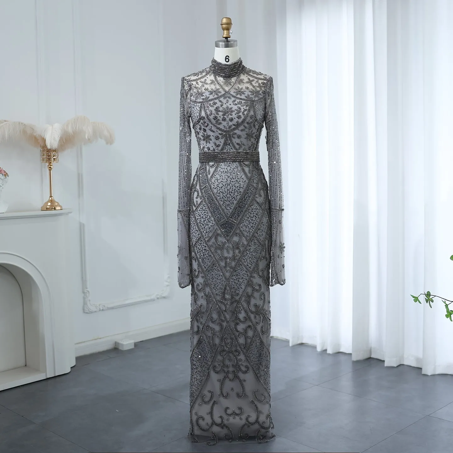 Luxury Beaded Gray Evening Dress with Flare Long Sleeves SS204