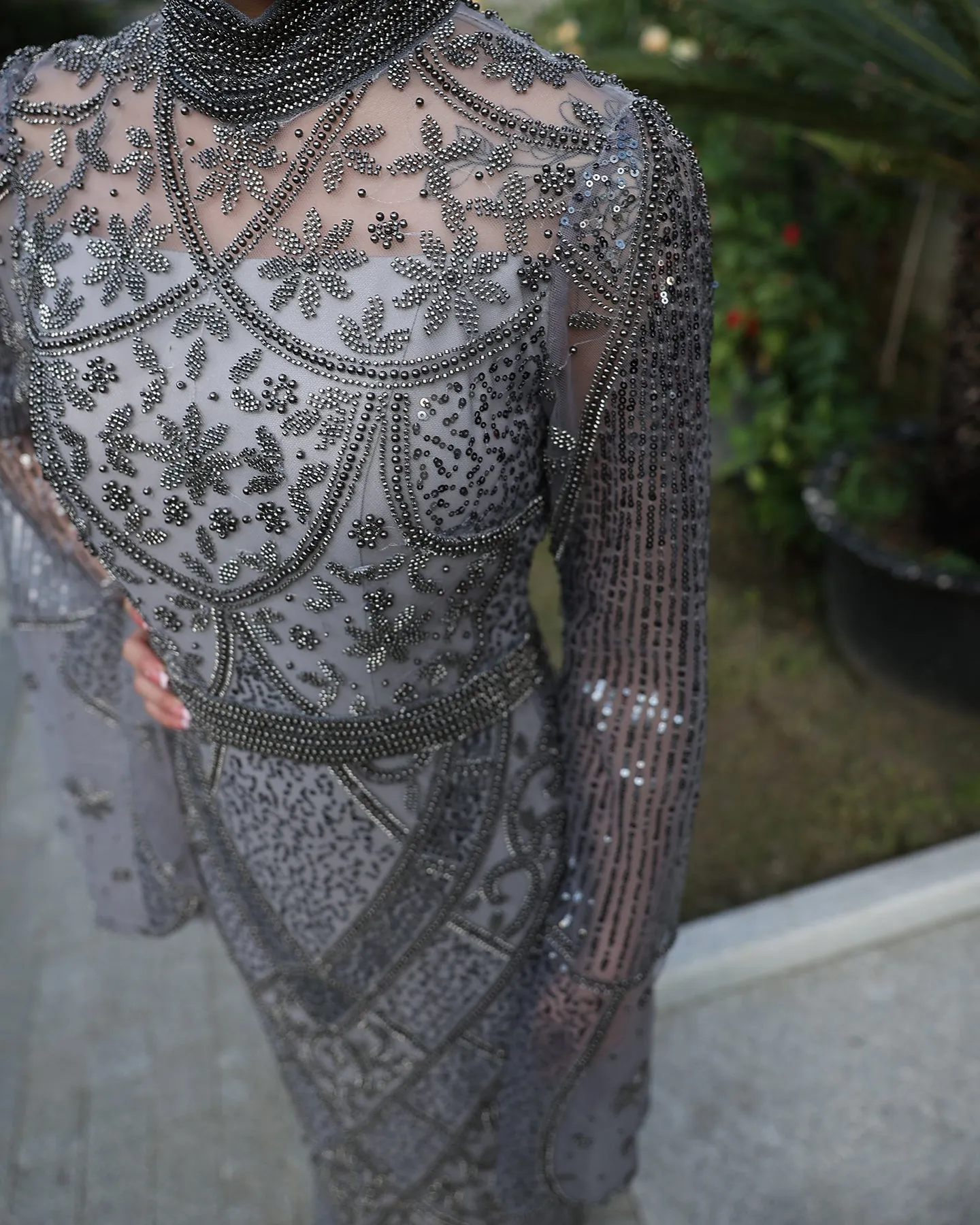 Luxury Beaded Gray Evening Dress with Flare Long Sleeves SS204