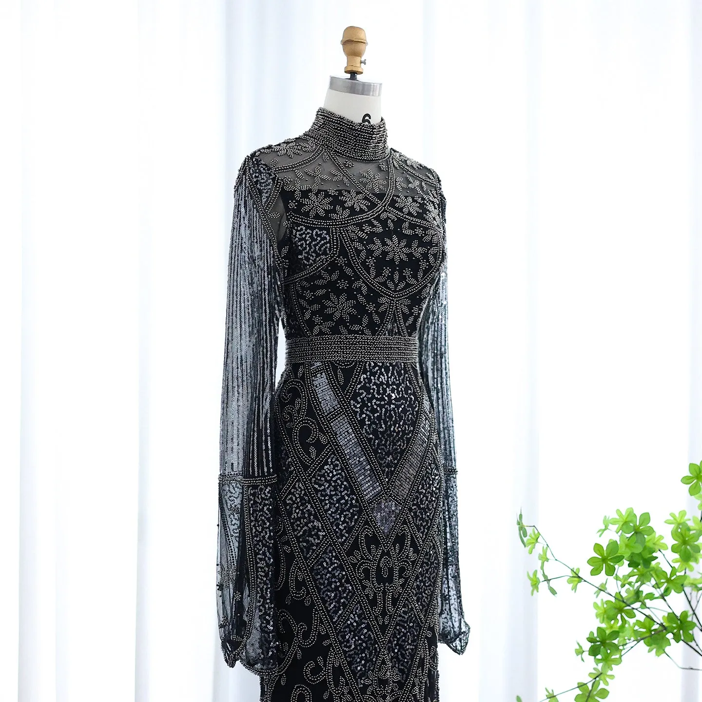 Luxury Beaded Gray Evening Dress with Flare Long Sleeves SS204